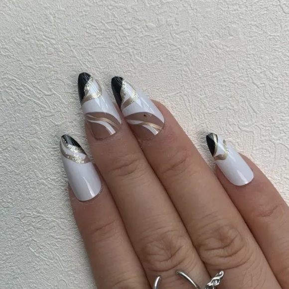 White Black Gold Almond Press On Nails - Picture 3 of 3
